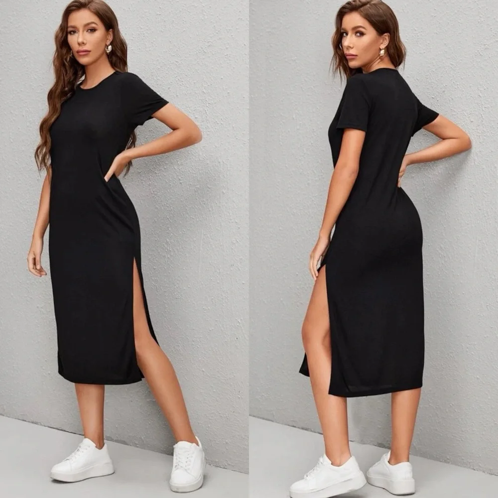 Short sleeve midi length slit tee dress casual boho purple - Picture 3 of 9